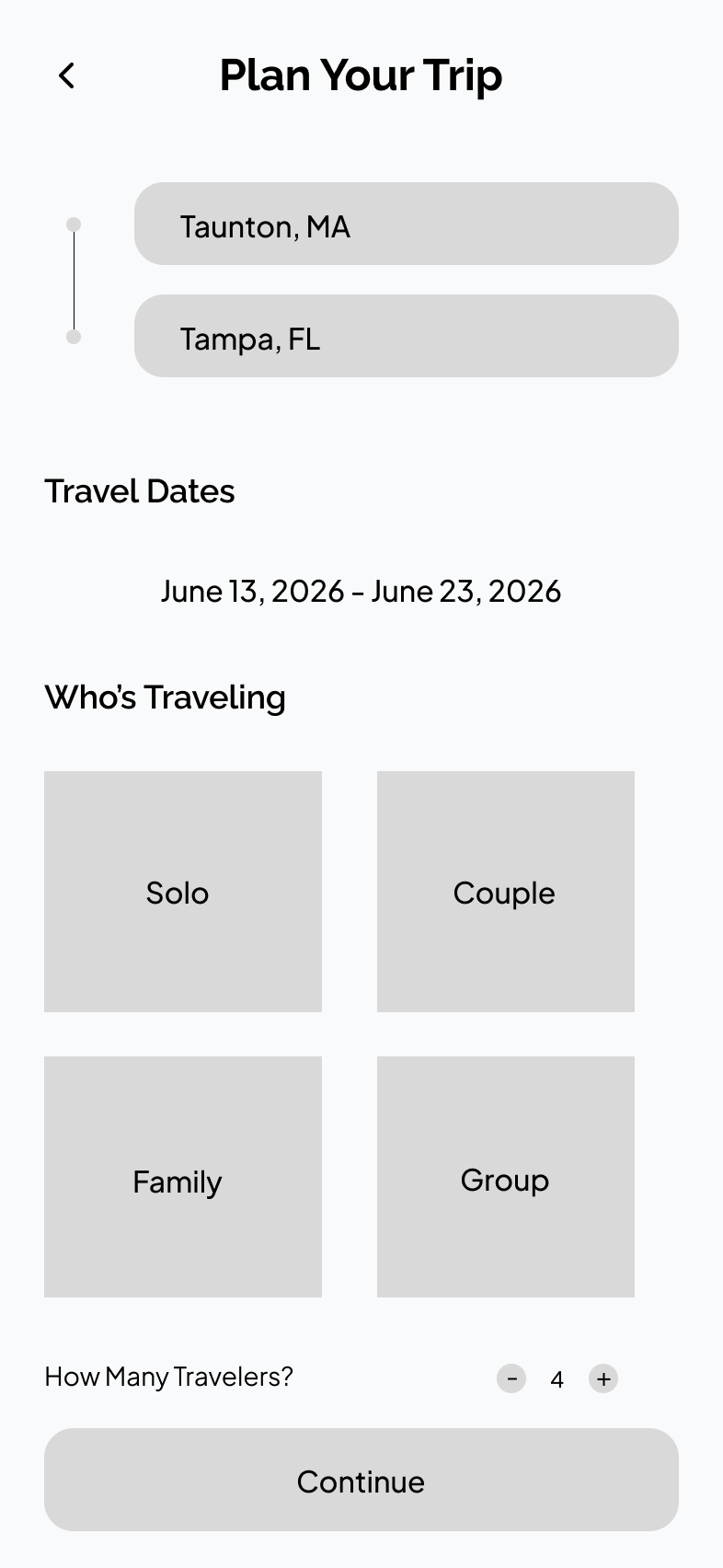 Wireframe: trip setup screen